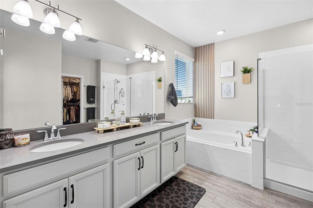 Bathroom, Dual Sink Vanities, Interior, Recessed Lighting, Wood Texture Flooring