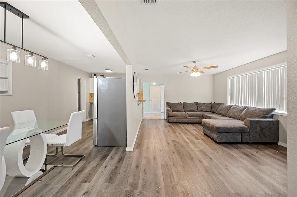 Dining room, Interior, Living room, Pendant Lights, Wood Texture Flooring