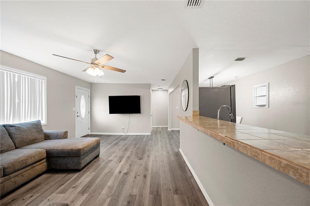 Interior, Kitchen, Tile Countertops, Wood Texture Flooring