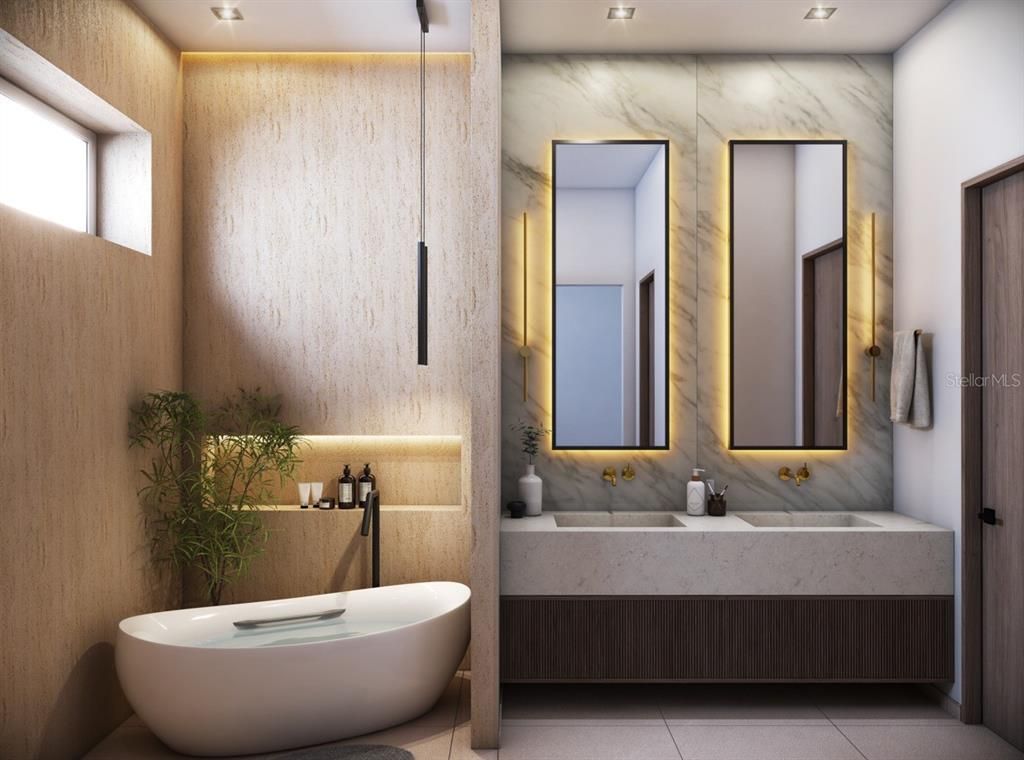 Bathroom, Dual Sink Vanities, Free Standing Baths, Interior, Recessed Lighting