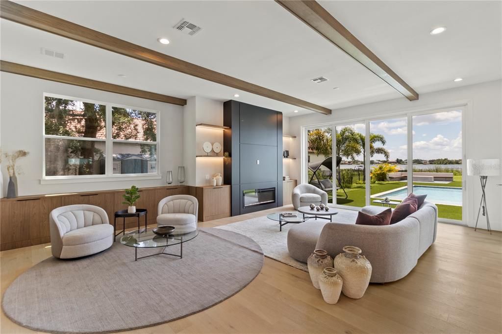 Interior, Living room, Recessed Lighting, Water, Wood Texture Flooring