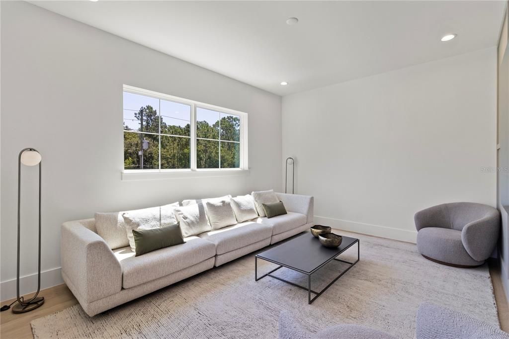 Interior, Living room, Recessed Lighting, Wood Texture Flooring