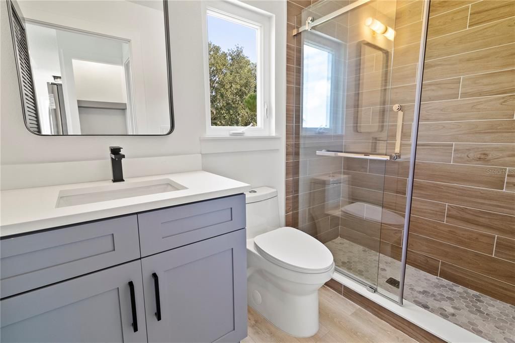 Bathroom, Glass Shower, Interior, Wood Texture Flooring