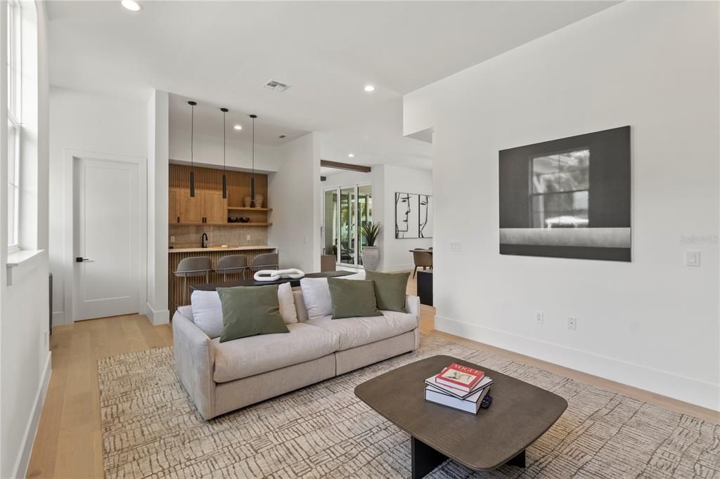 Interior, Kitchen, Living room, Pendant Lights, Recessed Lighting, Wood Texture Flooring