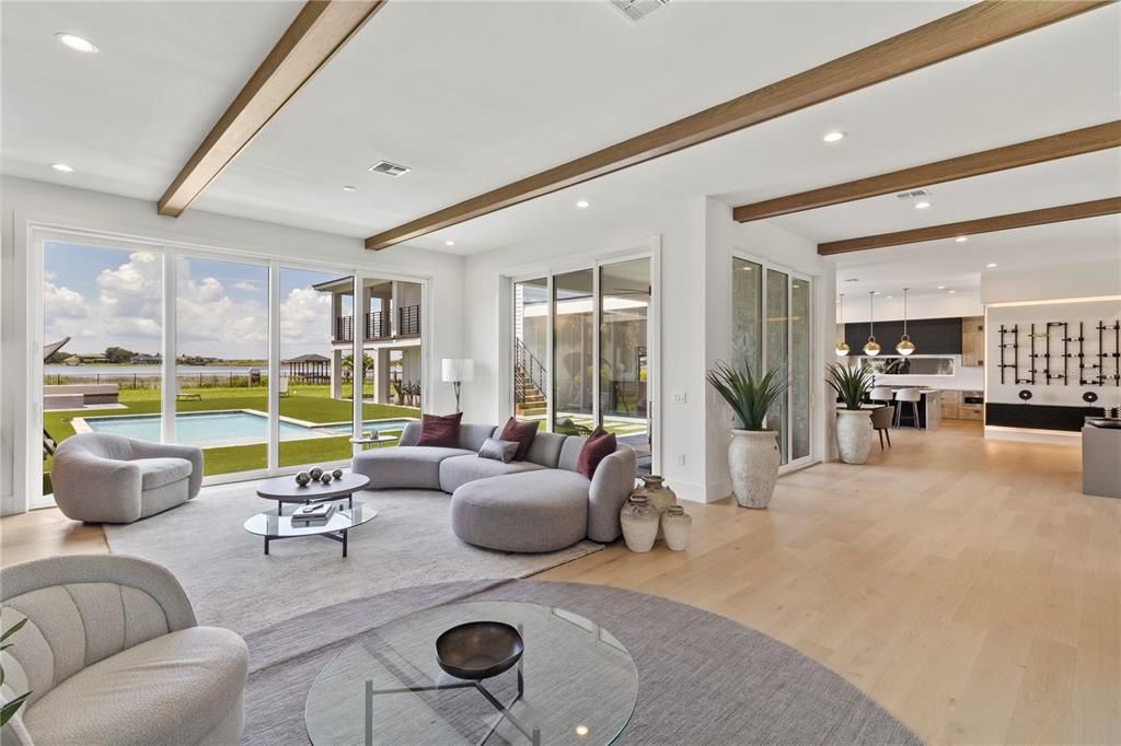 Interior, Living room, Pendant Lights, Recessed Lighting, Water, Wooden Beams, Wood Texture Flooring