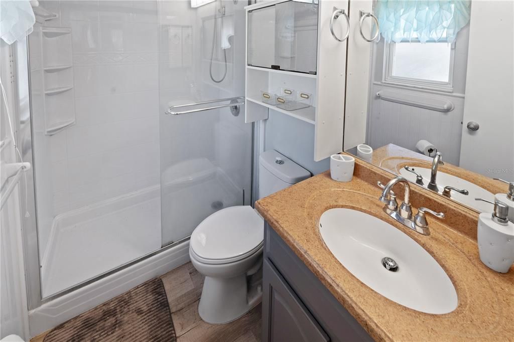 Bathroom, Glass Shower, Interior, Wood Texture Flooring