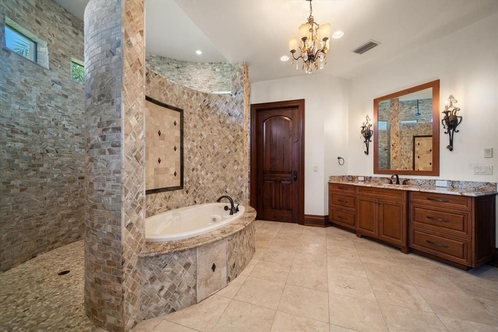 Bathroom, Chandelier, Dual Sink Vanities, Interior, Recessed Lighting