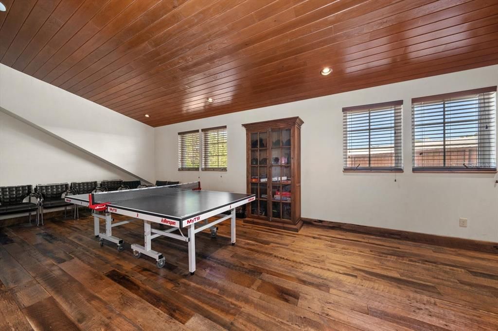 Game Room, Interior, Recessed Lighting, Wooden Ceilings, Wood Texture Flooring