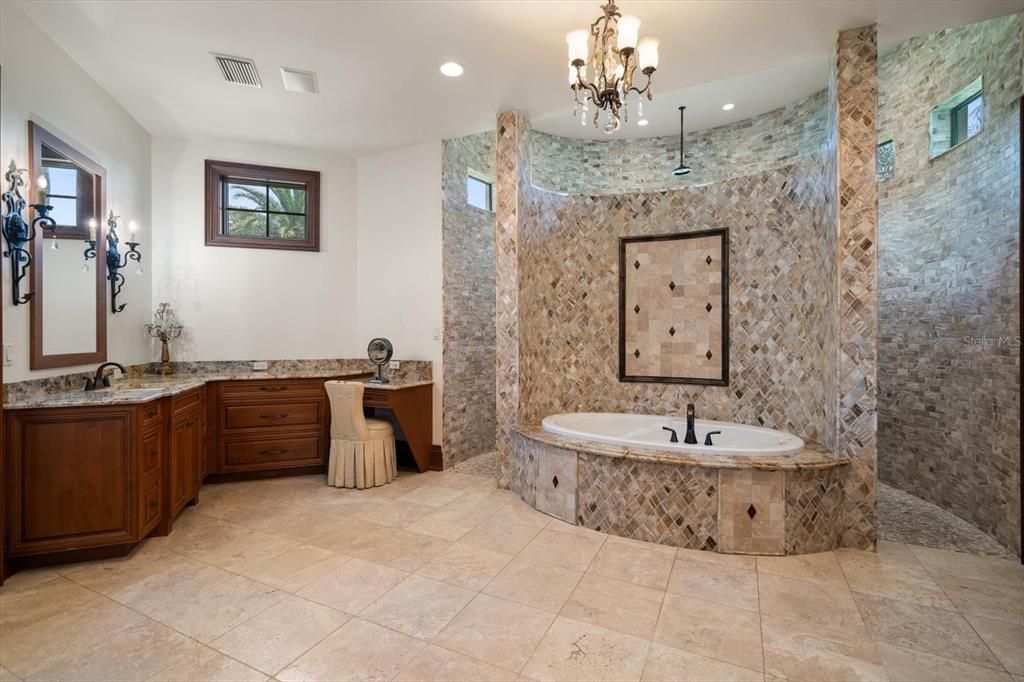 Bathroom, Chandelier, Dual Sink Vanities, Interior, Recessed Lighting