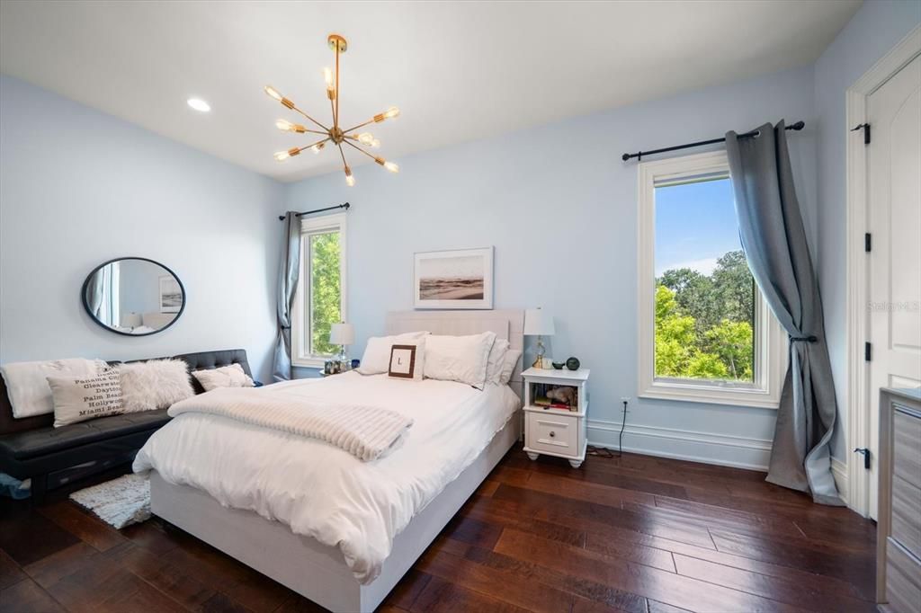 Bedroom, Interior, Pendant Lights, Recessed Lighting, Wood Texture Flooring