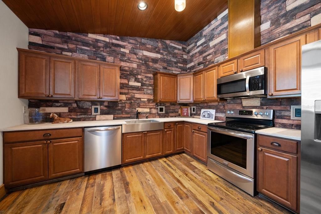 Interior, Kitchen, Recessed Lighting, Stainless Steel Appliances, Stone Walls, Wooden Ceilings, Wood Texture Flooring