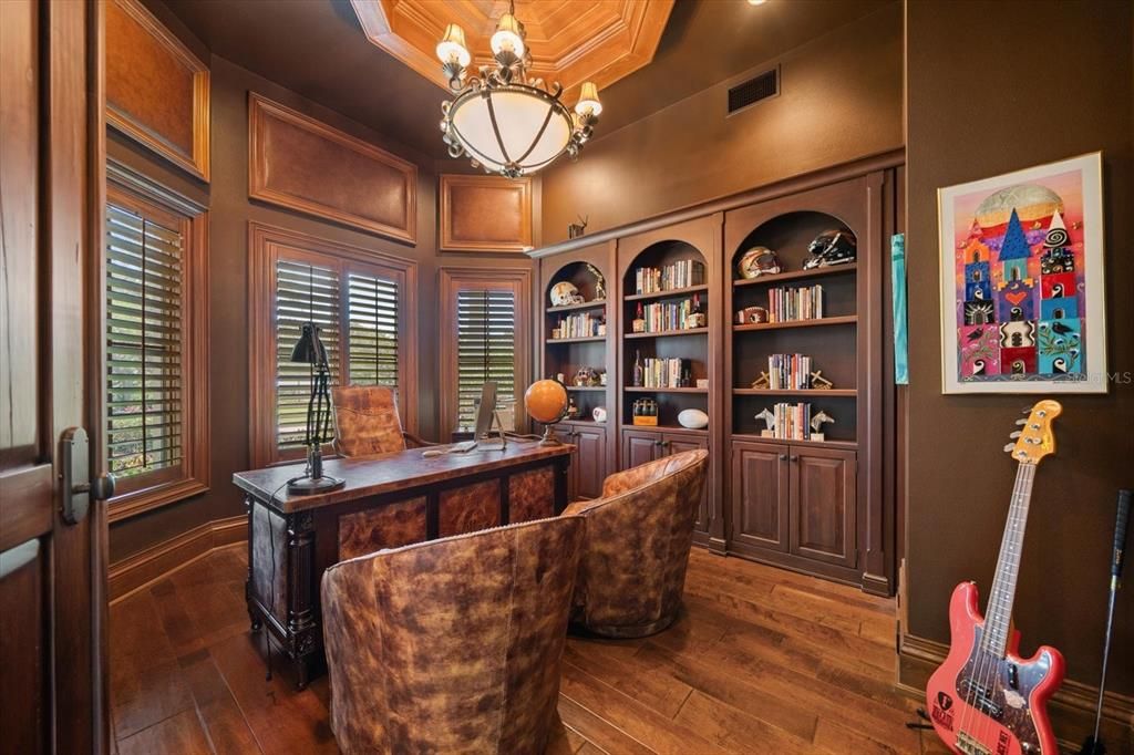 Chandelier, Home Office, Interior, Recessed Lighting, Wood Texture Flooring