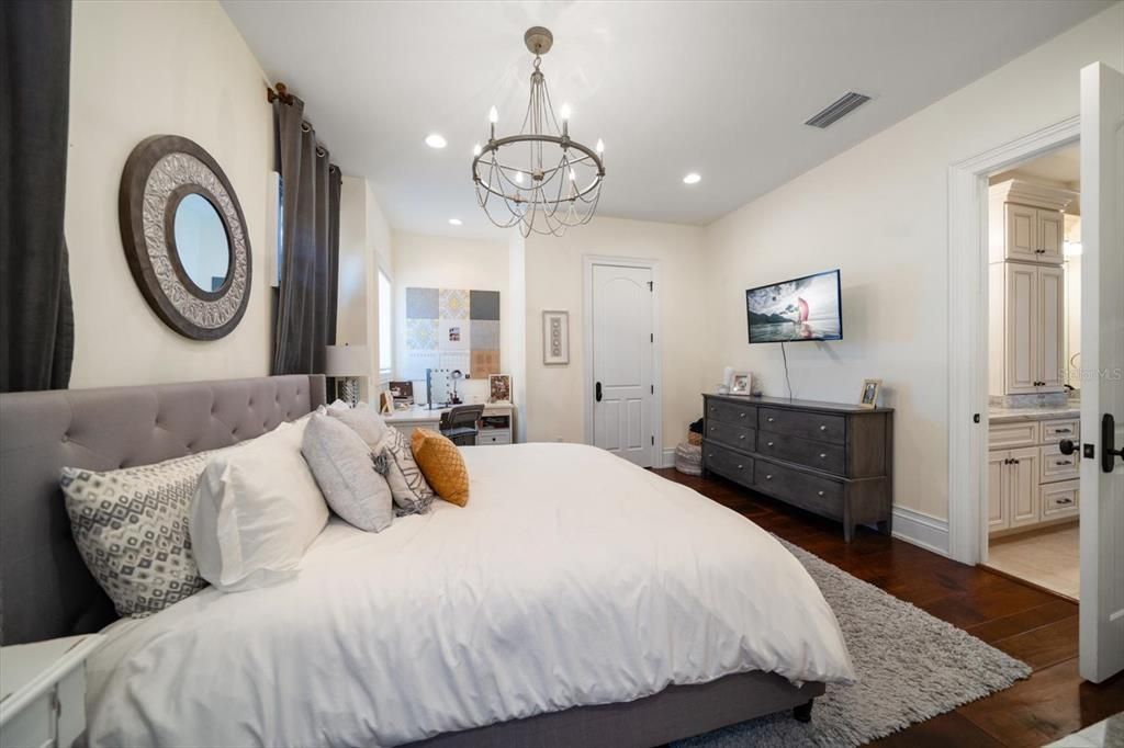Bedroom, Chandelier, Interior, Recessed Lighting, Wood Texture Flooring