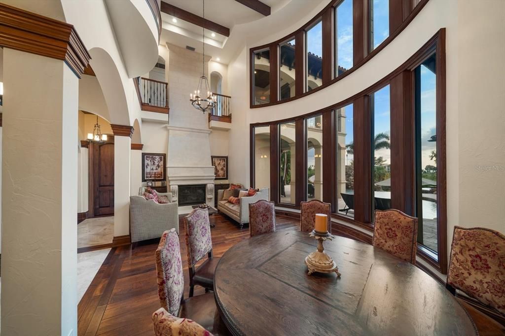 Chandelier, Dining room, Fireplace, Interior, Living room, Wood Texture Flooring