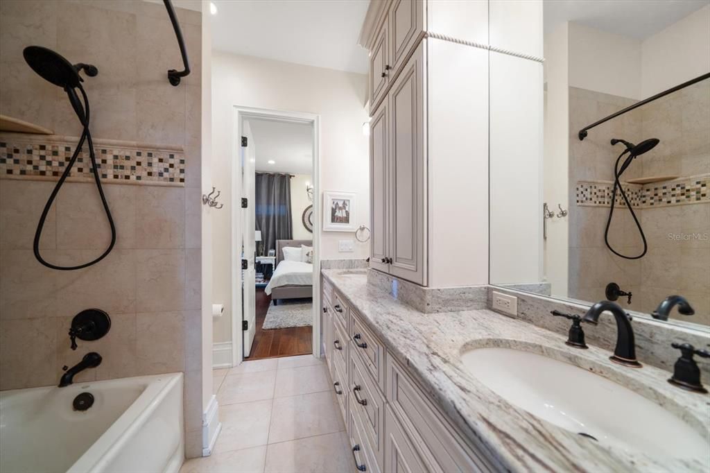 Bathroom, Bedroom, Dual Sink Vanities, Interior, Recessed Lighting, Wood Texture Flooring