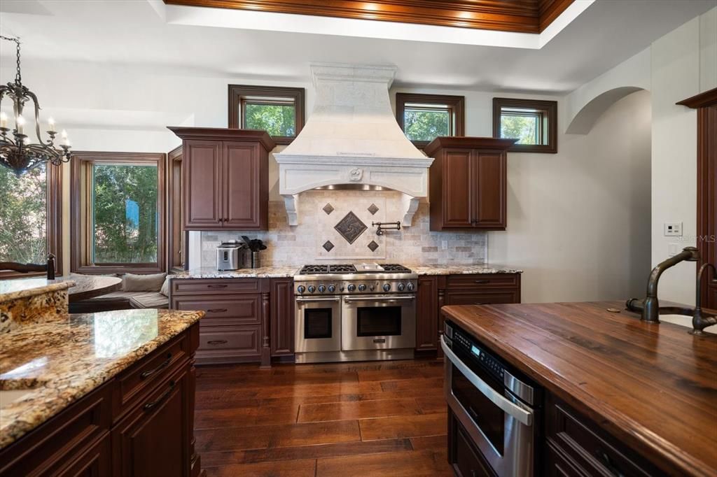 Chandelier, Interior, Kitchen, Pendant Lights, Stainless Steel Appliances, Wood Texture Flooring