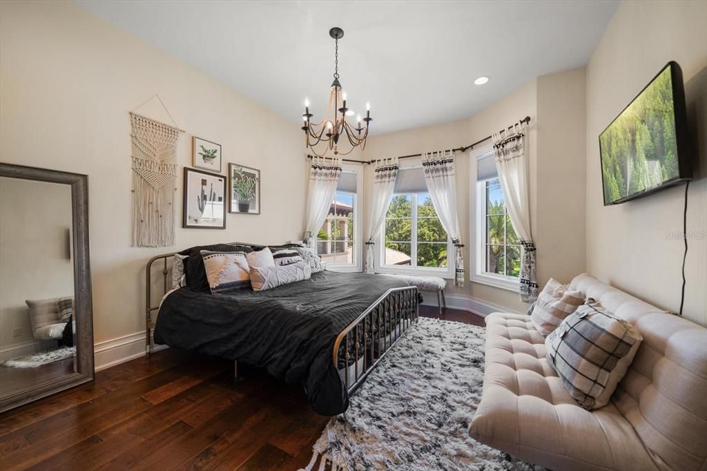 Bedroom, Chandelier, Interior, Recessed Lighting, Wood Texture Flooring