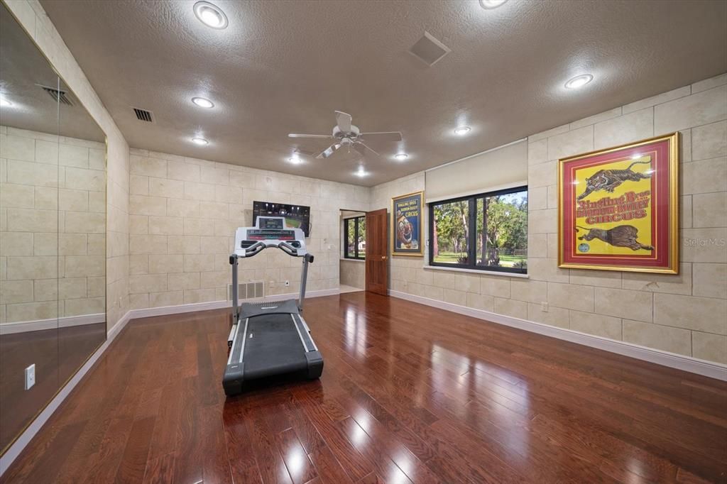Fitness Equipment, Interior, Recessed Lighting, Stone Walls, Wood Texture Flooring