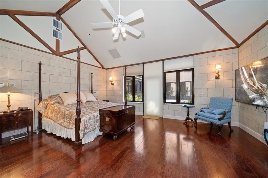 Bedroom, Interior, Stone Walls, Wood Texture Flooring