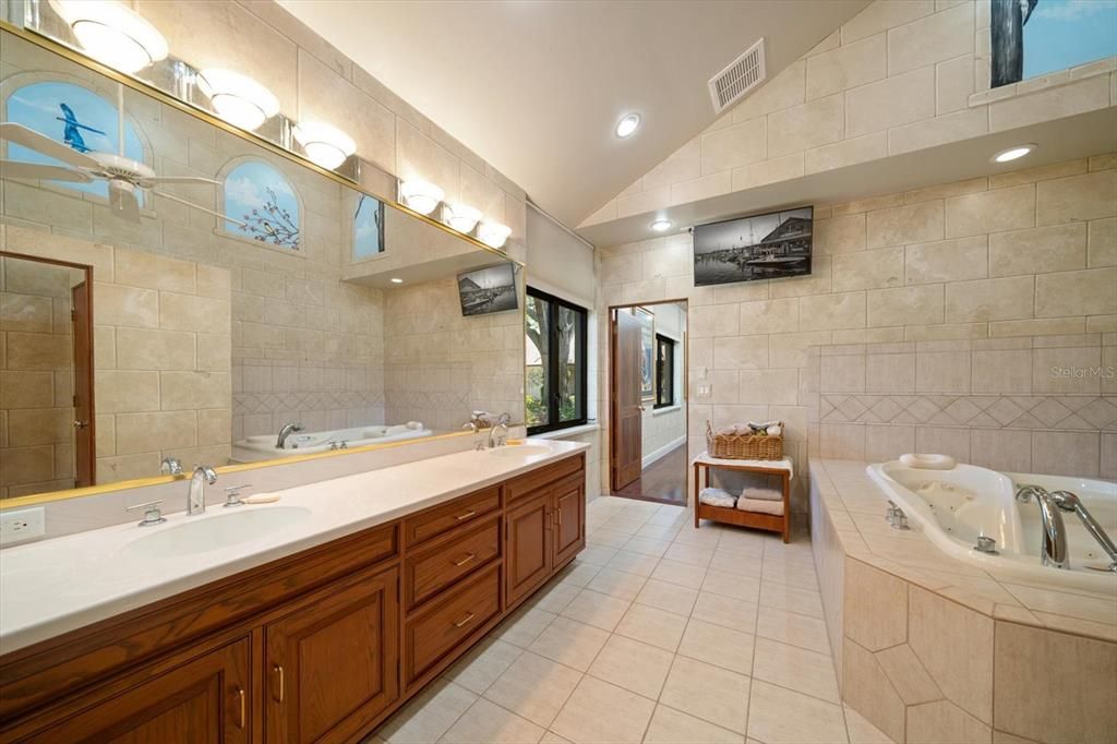 Bathroom, Dual Sink Vanities, Interior, Recessed Lighting, Stone Walls