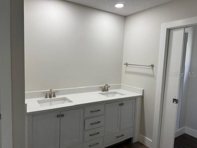 Bathroom, Dual Sink Vanities, Interior, Recessed Lighting, Wood Texture Flooring