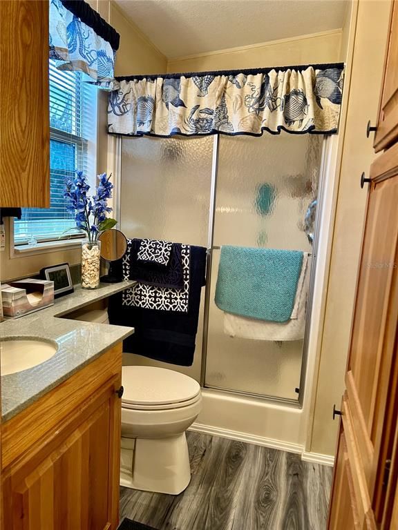 Bathroom, Glass Shower, Interior, Wood Texture Flooring