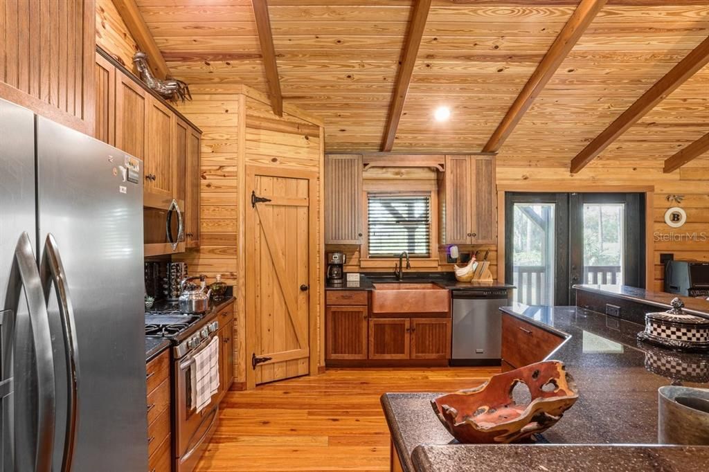 Interior, Kitchen, Recessed Lighting, Wooden Beams, Wooden Ceilings, Wood Texture Flooring, Wooden Walls