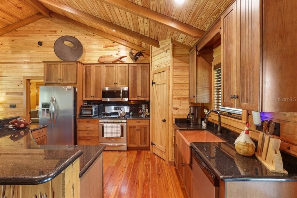 Interior, Kitchen, Recessed Lighting, Stainless Steel Appliances, Wooden Beams, Wooden Ceilings, Wood Texture Flooring, Wooden Walls