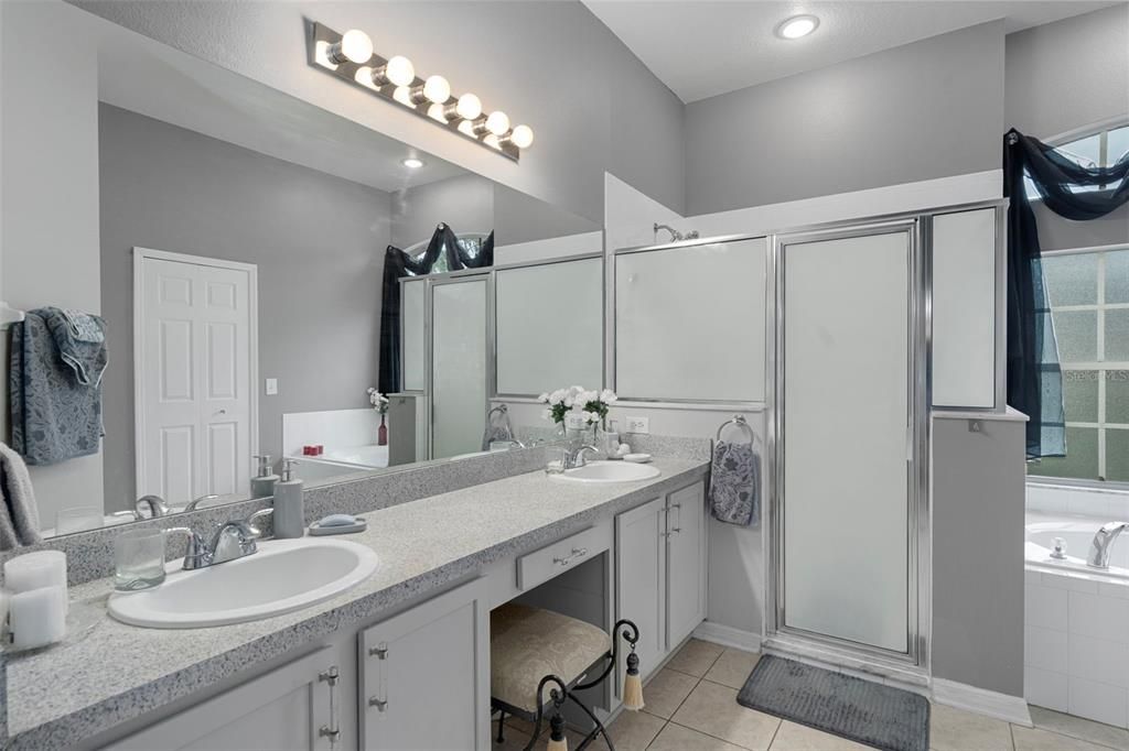Bathroom, Dual Sink Vanities, Glass Shower, Interior, Recessed Lighting