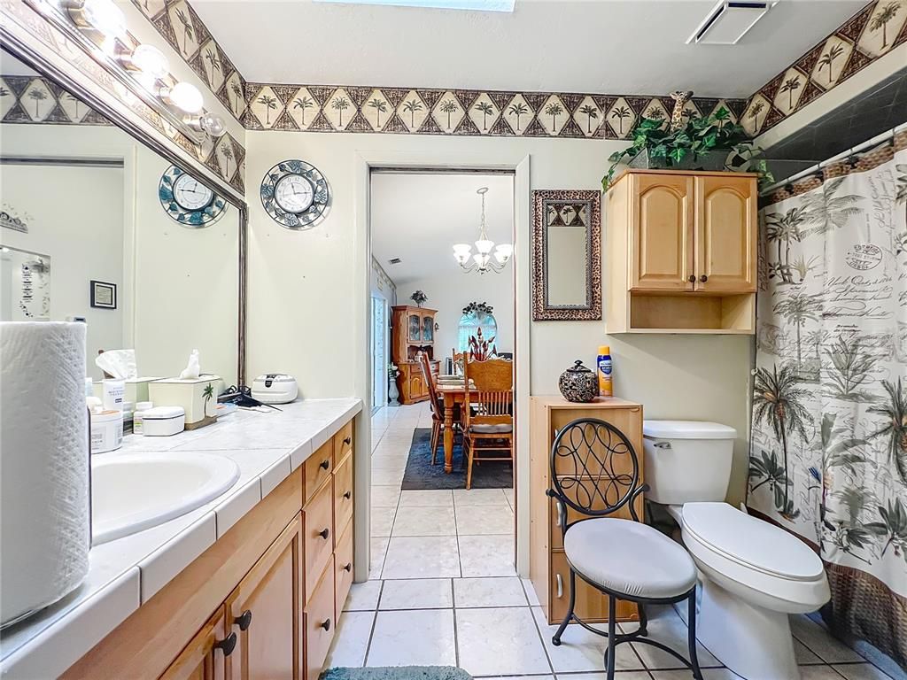 Bathroom, Chandelier, Dining room, Interior, Tile Countertops