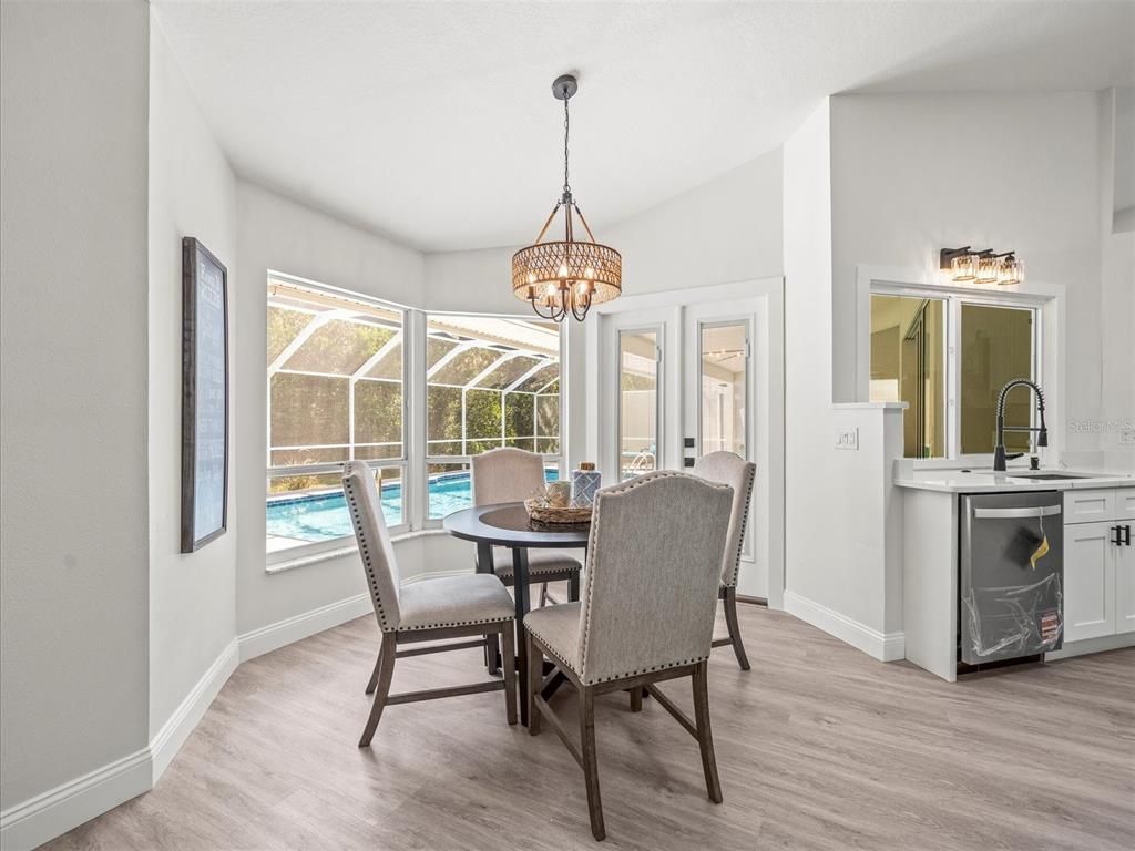 Chandelier, Dining room, Interior, Sun Room, Wood Texture Flooring