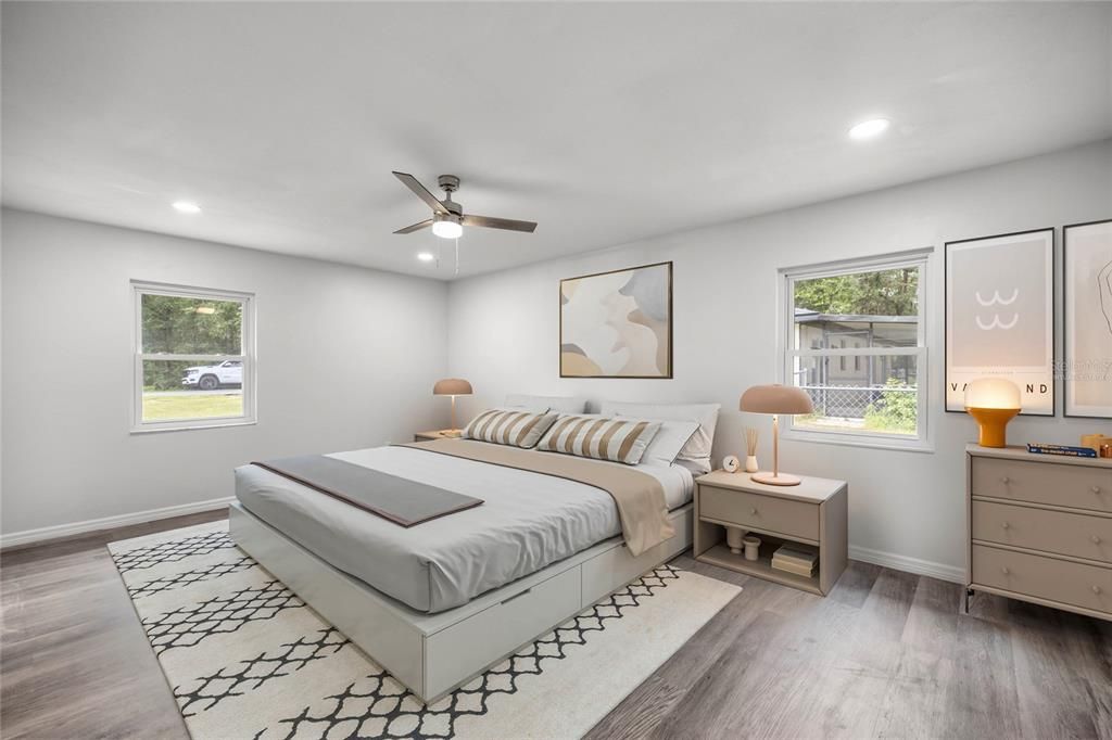 Bedroom, Interior, Recessed Lighting, Wood Texture Flooring