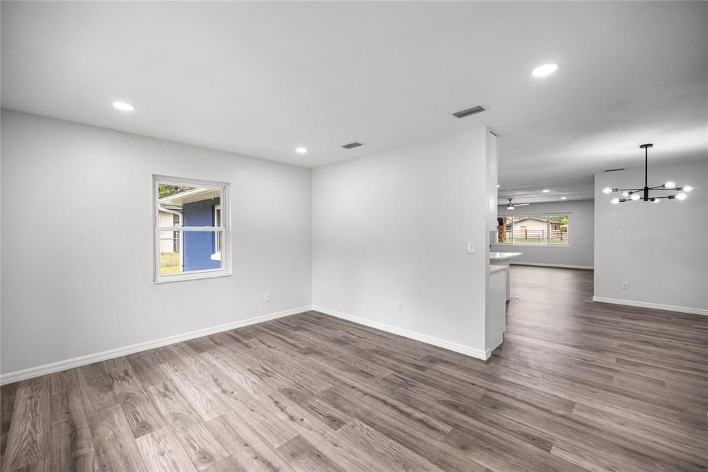 Empty room, Interior, Pendant Lights, Recessed Lighting, Wood Texture Flooring