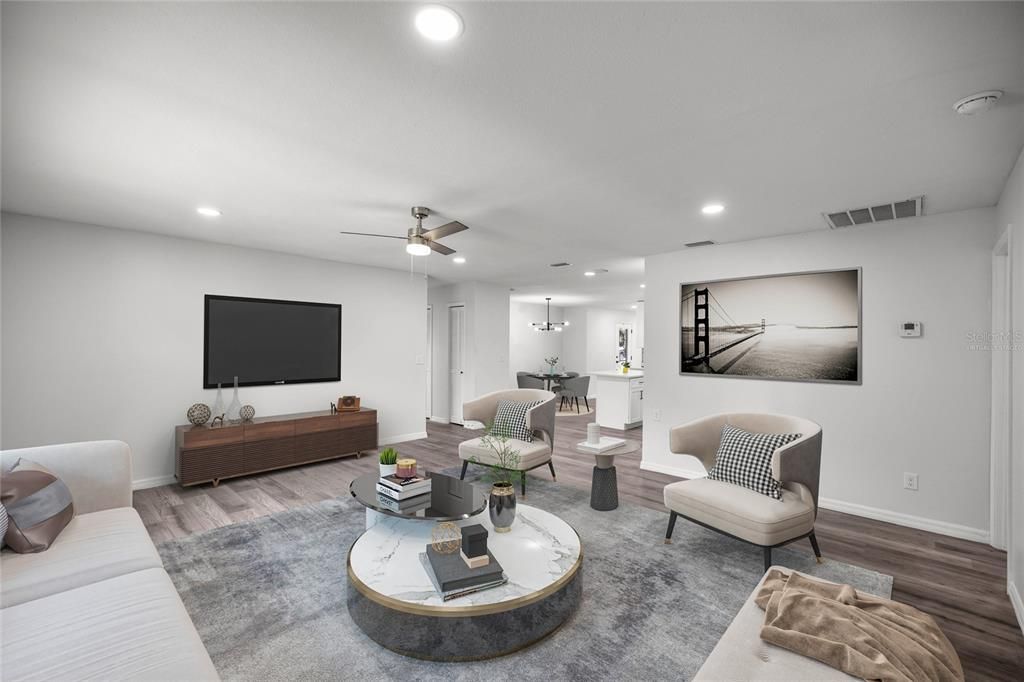 Interior, Living room, Recessed Lighting, Wood Texture Flooring
