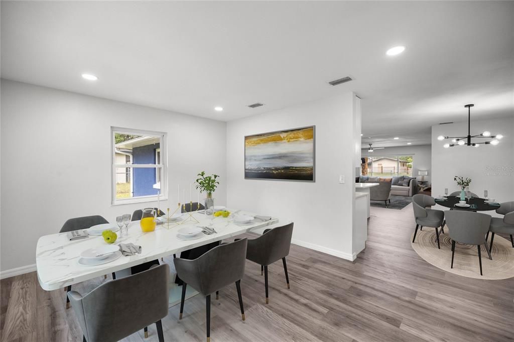 Dining room, Interior, Pendant Lights, Recessed Lighting, Wood Texture Flooring