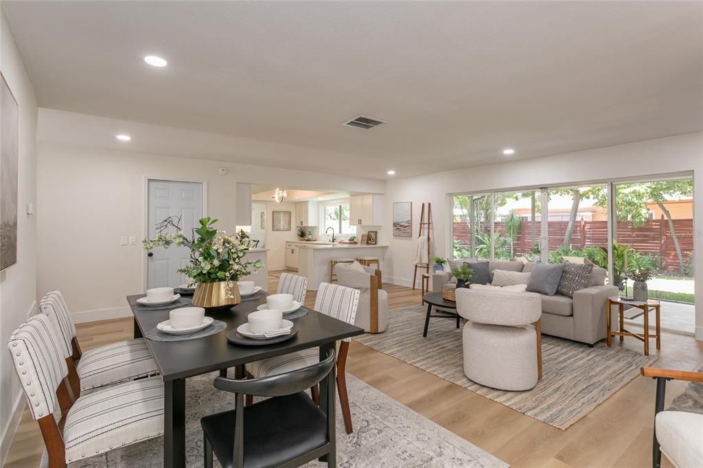 Dining room, Interior, Kitchen, Living room, Recessed Lighting, Wood Texture Flooring