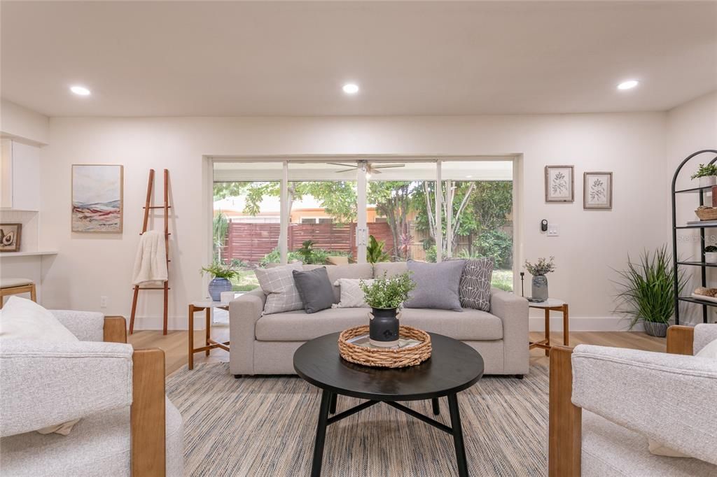 Interior, Living room, Recessed Lighting, Wood Texture Flooring