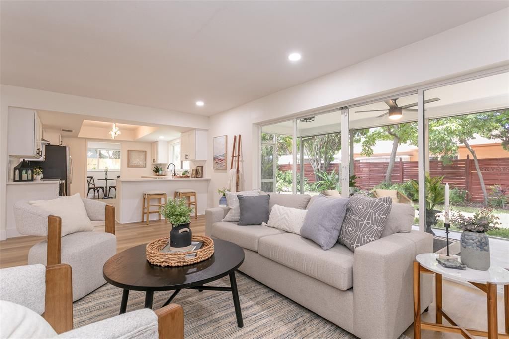 Interior, Kitchen, Living room, Recessed Lighting, Wood Texture Flooring