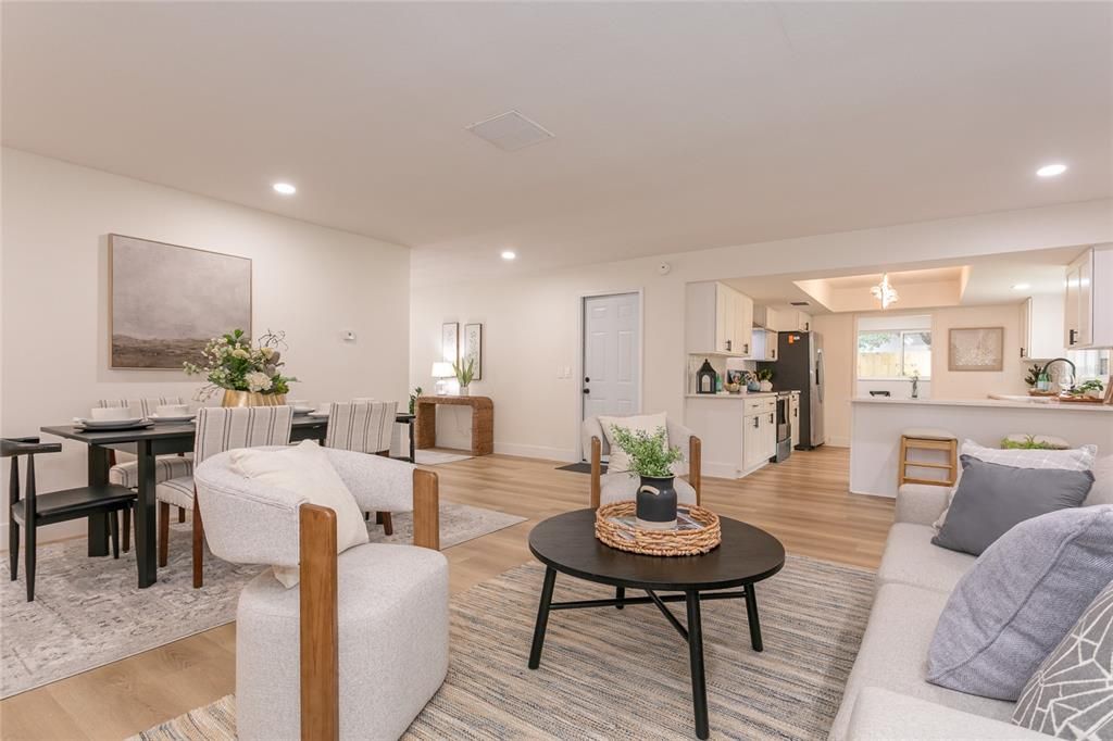 Dining room, Interior, Kitchen, Living room, Recessed Lighting, Wood Texture Flooring
