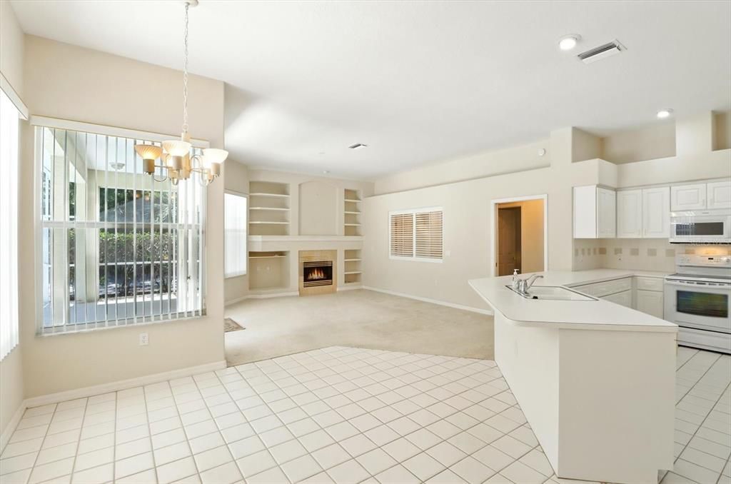 Chandelier, Empty room, Fireplace, Interior, Kitchen, Pendant Lights, Recessed Lighting