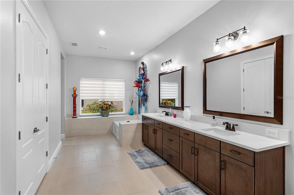 Bathroom, Dual Sink Vanities, Interior, Recessed Lighting, Wood Texture Flooring