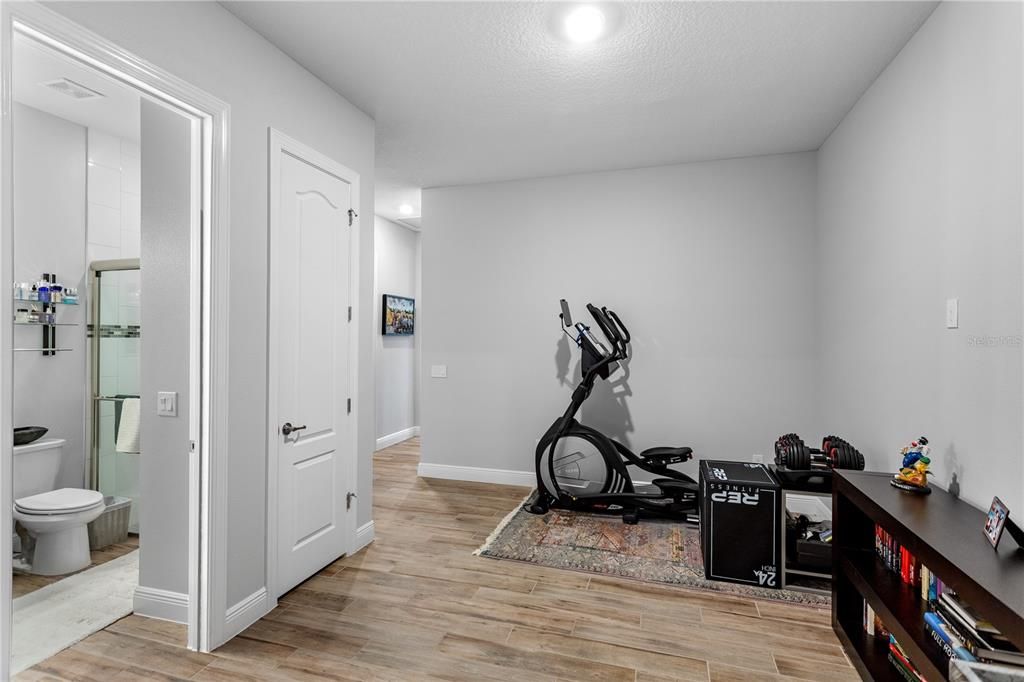 Bathroom, Fitness Equipment, Interior, Recessed Lighting, Wood Texture Flooring