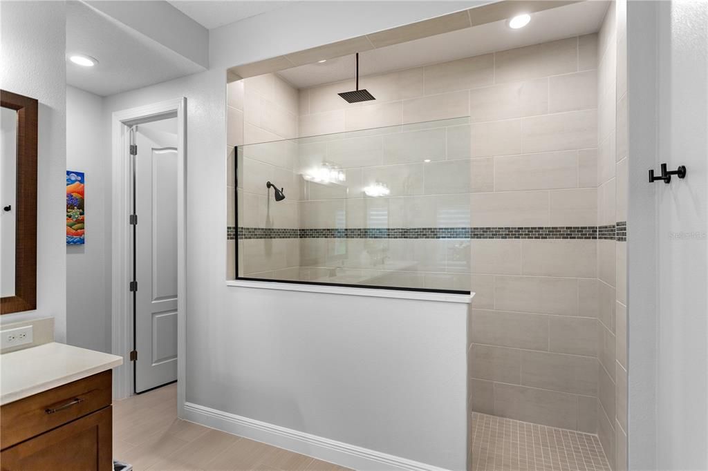 Bathroom, Glass Shower, Interior, Recessed Lighting, Wood Texture Flooring