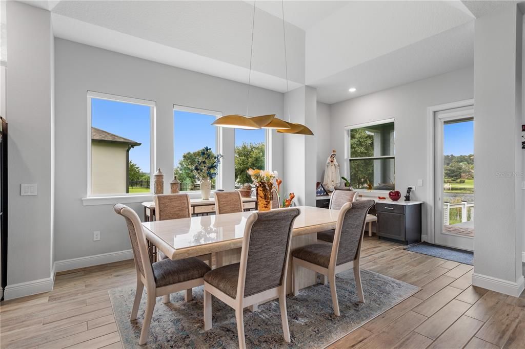 Dining room, Interior, Pendant Lights, Recessed Lighting, Wood Texture Flooring