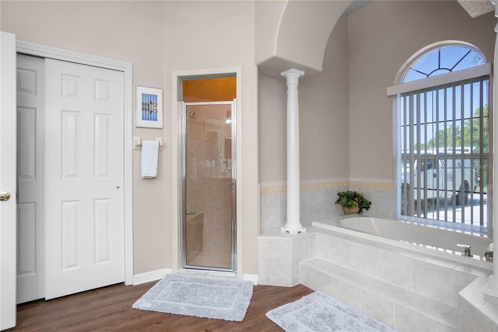 Bathroom, Glass Shower, Interior, Wood Texture Flooring