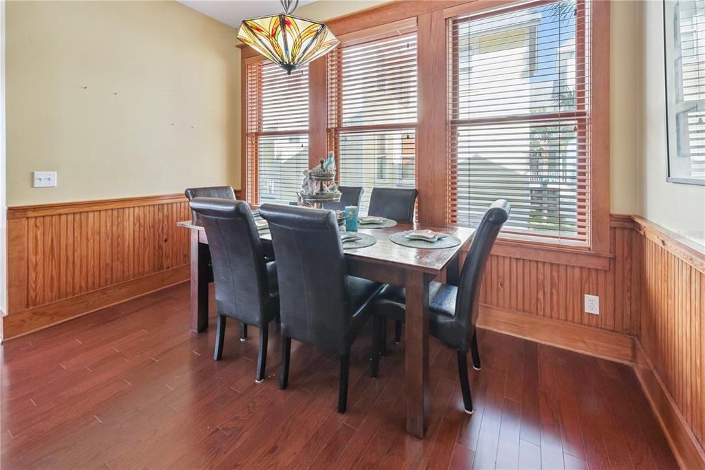 Dining room, Interior, Pendant Lights, Wood Texture Flooring