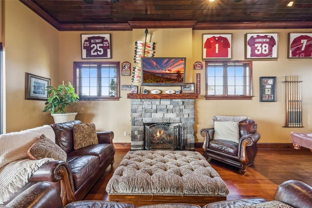 Fireplace, Interior, Living room, Recessed Lighting, Wooden Ceilings, Wood Texture Flooring