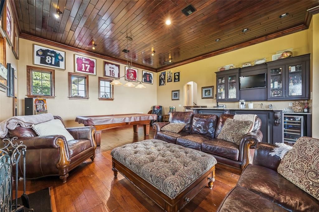 Billiard Table, Game Room, Interior, Living room, Pendant Lights, Recessed Lighting, Wooden Ceilings, Wood Texture Flooring