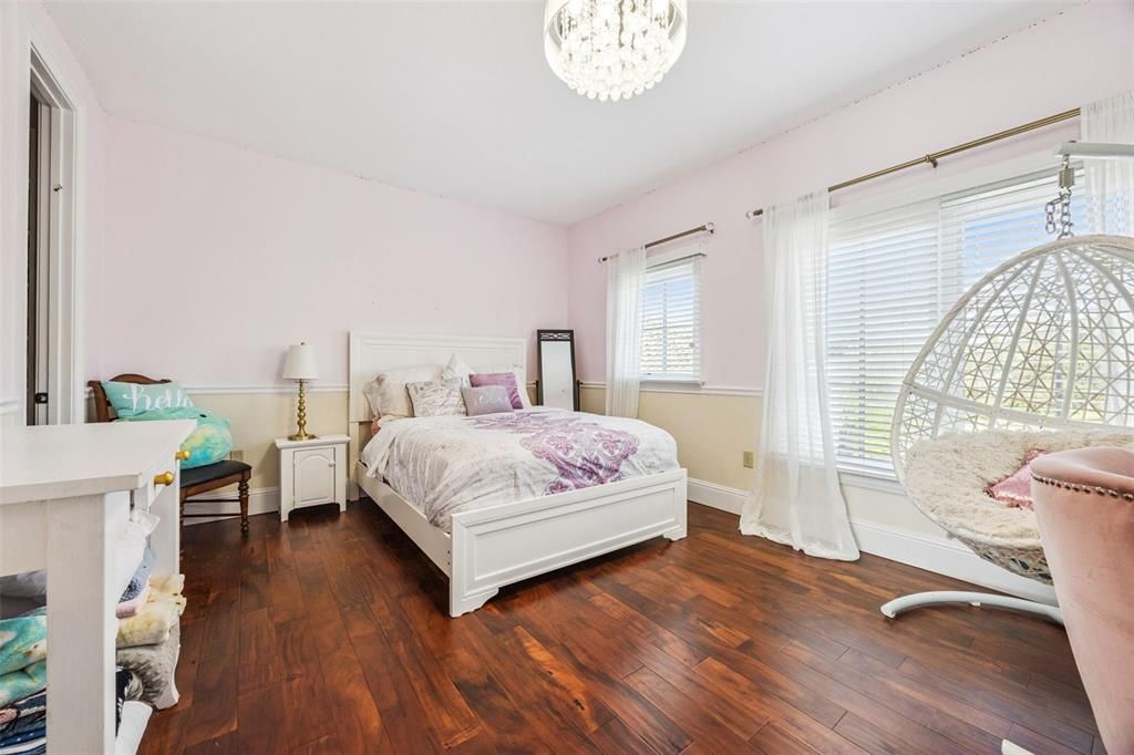 Bedroom, Chandelier, Interior, Wood Texture Flooring