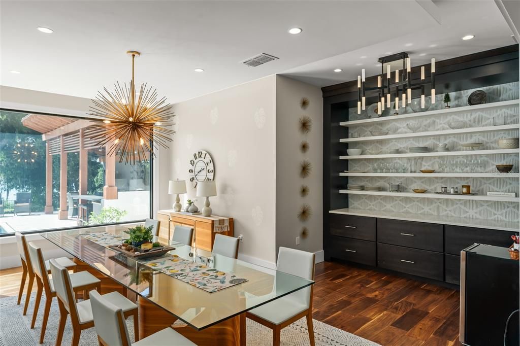 Dining room, Interior, Pendant Lights, Recessed Lighting, Wood Texture Flooring